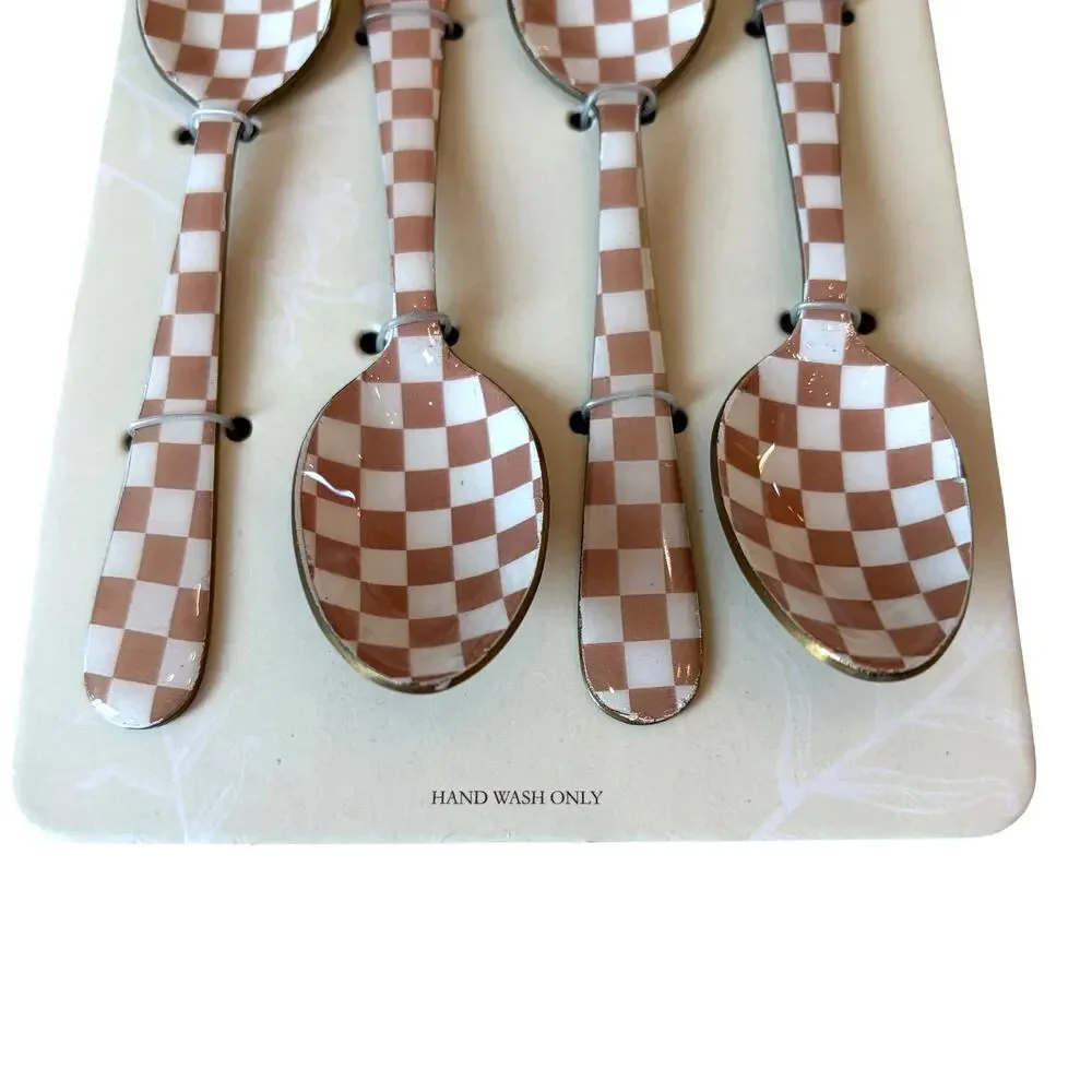 Artistic Accents Checkered Cocktail Spoons Set of 4 Enameled Taupe & White New
